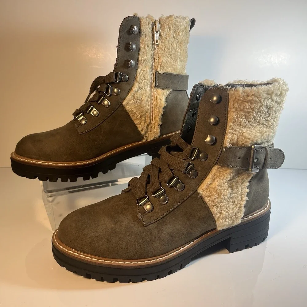 Dolce Vita Algery Olive Faux Fur Lace-Up Ankle Boots Olive US 7